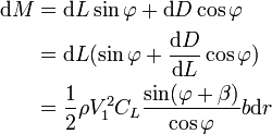 \begin{align}\mbox{d}M &= \mbox{d}L\sin\varphi+\mbox{d}D\cos\varphi\\
 &= \mbox{d}L(\sin\varphi+\frac{\mbox{d}D}{\mbox{d}L}\cos\varphi)\\
 &= \frac{1}{2}\rho V_1^2 C_L \frac{\sin(\varphi+\beta)}{\cos\varphi}b\mbox{d}r\end{align}