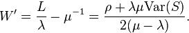 W' = \frac{L}{\lambda} - \mu^{-1} = \frac{\rho + \lambda \mu \text{Var}(S)}{2(\mu-\lambda)}.