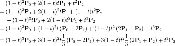 
\begin{align}
       &(1 - t)^2 \mathbf{P}_0 + 2(1 - t)t\mathbf{P}_1 + t^2 \mathbf{P}_2 \\
  = {} &(1 - t)^3 \mathbf{P}_0  + 2(1 - t)^2 t\mathbf{P}_1 + (1 - t)t^2 \mathbf{P}_2\\
       &+ (1 - t)^{2}t\mathbf{P}_0 + 2(1 - t)t^2 \mathbf{P}_1  + t^3 \mathbf{P}_2 \\
  = {} &(1 - t)^3 \mathbf{P}_0
        + (1 - t)^2 t   \left( \mathbf{P}_0 + 2\mathbf{P}_1\right)
        + (1 - t)   t^2 \left(2\mathbf{P}_1 +  \mathbf{P}_2\right)
        + t^{3}\mathbf{P}_2 \\
  = {} &(1 - t)^3 \mathbf{P}_0
        + 3(1 - t)^2 t   \frac{1}{3} \left(  \mathbf{P}_0 + 2\mathbf{P}_1 \right)
        + 3(1 - t)   t^2 \frac{1}{3} \left( 2\mathbf{P}_1 +  \mathbf{P}_2 \right)
        + t^{3}\mathbf{P}_2
\end{align}
