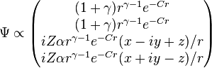 \Psi\propto\begin{pmatrix}
(1+\gamma)r^{\gamma-1}e^{-Cr}\\
(1+\gamma)r^{\gamma-1}e^{-Cr}\\
iZ\alpha r^{\gamma-1}e^{-Cr}(x-iy+z)/r\\
iZ\alpha r^{\gamma-1}e^{-Cr}(x+iy-z)/r
\end{pmatrix}