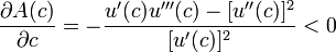 \frac{\partial A(c)}{\partial c} = -\frac{u'(c)u'''(c) - [u''(c)]^2}{[u'(c)]^2} < 0