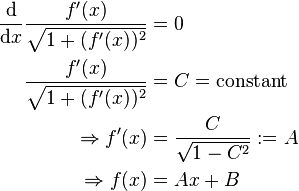  
\begin{align}
\frac{\mathrm{d}}{\mathrm{d}x} \frac{f'(x)}{\sqrt{1 + (f'(x))^2}} &= 0 \\ 
\frac{f'(x)}{\sqrt{1 + (f'(x))^2}} &= C = \text{constant} \\
\Rightarrow f'(x)&= \frac{C}{\sqrt{1-C^2}} := A \\
\Rightarrow f(x) &= Ax + B
\end{align}
