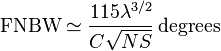  \text{FNBW} \simeq \frac{115 \lambda^{3/2}}{C \sqrt{NS}}\, \text{degrees}