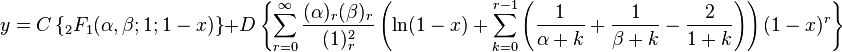 y = C \left \{ {{}_2 F_1}(\alpha, \beta; 1; 1 - x) \right \} + D \left \{\sum_{r = 0}^\infty \frac{(\alpha)_r (\beta)_r}{(1)_r^2} \left(\ln(1 - x) + \sum_{k = 0}^{r - 1} \left(\frac{1}{\alpha + k} + \frac{1}{\beta + k} - \frac{2}{1 + k}\right)\right) (1 - x)^r \right \}