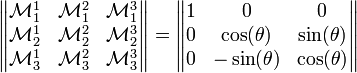  \begin{Vmatrix}\mathcal{M}^1_1 & \mathcal{M}^2_1 & \mathcal{M}^3_1\\ \mathcal{M}^1_2 & \mathcal{M}^2_2 & \mathcal{M}^3_2\\ \mathcal{M}^1_3 & \mathcal{M}^2_3 & \mathcal{M}^3_3 \end{Vmatrix} = \begin{Vmatrix} 1 & 0 & 0\\ 0 & \cos(\theta ) & \sin(\theta )\\ 0 & -\sin(\theta ) & \cos(\theta )\end{Vmatrix} 