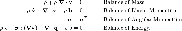 
    {
    \begin{align}
      \dot{\rho} + \rho~\boldsymbol{\nabla} \cdot \mathbf{v} & = 0 
          & & \qquad\text{Balance of Mass} \\
      \rho~\dot{\mathbf{v}} - \boldsymbol{\nabla} \cdot \boldsymbol{\sigma} - \rho~\mathbf{b} & = 0 
          & & \qquad\text{Balance of Linear Momentum} \\
      \boldsymbol{\sigma} & = \boldsymbol{\sigma}^T
          & & \qquad\text{Balance of Angular Momentum} \\
      \rho~\dot{e} - \boldsymbol{\sigma}:(\boldsymbol{\nabla}\mathbf{v}) + \boldsymbol{\nabla} \cdot \mathbf{q} - \rho~s & = 0
          & & \qquad\text{Balance of Energy.}
    \end{align}
    }
  