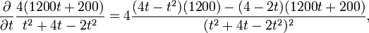 
\frac{\partial}{\partial t} \frac{ 4(1200t + 200) }{ t^2 + 4t - 2t^2 } = 4\frac{ (4t - t^2)(1200) - (4 - 2t)(1200t + 200) }{ (t^2 + 4t - 2t^2)^2 },
