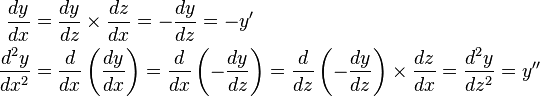 \begin{align}
\frac{dy}{dx} &= \frac{dy}{dz} \times \frac{dz}{dx} = -\frac{dy}{dz} = -y' \\ 
\frac{d^2 y}{dx^2}   &= \frac{d}{dx}\left( \frac{dy}{dx} \right)
   = \frac{d}{dx}\left( -\frac{dy}{dz} \right)
   = \frac{d}{dz}\left( -\frac{dy}{dz} \right) \times \frac{dz}{dx}
   =\frac{d^{2}y}{dz^{2}} = y''
\end{align}