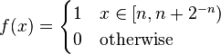  f(x) = \begin{cases} 1 & x \in [n, n + 2^{-n}) \\ 0 & \text{otherwise} \end{cases} 