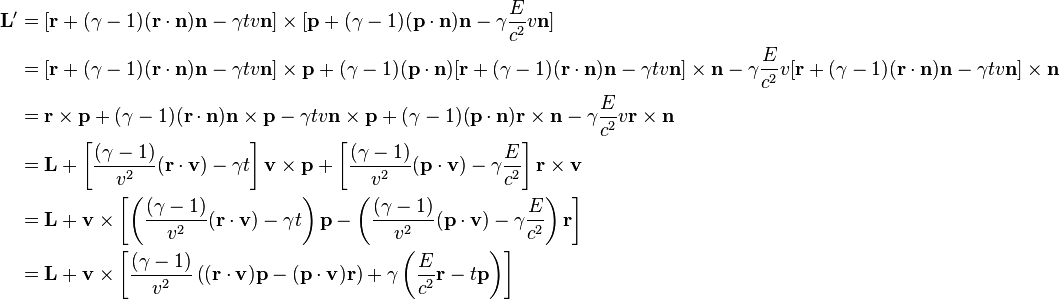 \begin{align}
\mathbf{L}' & =[\mathbf{r}+(\gamma-1)(\mathbf{r}\cdot\mathbf{n})\mathbf{n}-\gamma tv\mathbf{n}]\times[\mathbf{p}+(\gamma-1)(\mathbf{p}\cdot\mathbf{n})\mathbf{n}-\gamma\frac{E}{c^2}v\mathbf{n}]\\

&=[\mathbf{r}+(\gamma-1)(\mathbf{r}\cdot\mathbf{n})\mathbf{n}-\gamma tv\mathbf{n}]\times\mathbf{p}+(\gamma-1)(\mathbf{p}\cdot\mathbf{n})[\mathbf{r}+(\gamma-1)(\mathbf{r}\cdot\mathbf{n})\mathbf{n}-\gamma tv\mathbf{n}]\times\mathbf{n}-\gamma\frac{E}{c^2}v[\mathbf{r}+(\gamma-1)(\mathbf{r}\cdot\mathbf{n})\mathbf{n}-\gamma tv\mathbf{n}]\times\mathbf{n}\\

&=\mathbf{r}\times\mathbf{p}+(\gamma-1)(\mathbf{r}\cdot\mathbf{n})\mathbf{n}\times\mathbf{p}-\gamma tv\mathbf{n}\times\mathbf{p}+(\gamma-1)(\mathbf{p}\cdot\mathbf{n})\mathbf{r}\times\mathbf{n}-\gamma\frac{E}{c^2}v\mathbf{r}\times\mathbf{n}\\

&=\mathbf{L}+\left[\frac{(\gamma-1)}{v^2}(\mathbf{r}\cdot\mathbf{v})-\gamma t\right]\mathbf{v}\times\mathbf{p}+\left[\frac{(\gamma-1)}{v^2}(\mathbf{p}\cdot\mathbf{v})-\gamma\frac{E}{c^2}\right]\mathbf{r}\times\mathbf{v}\\

&=\mathbf{L}+\mathbf{v}\times\left[\left(\frac{(\gamma-1)}{v^2}(\mathbf{r}\cdot\mathbf{v})-\gamma t\right)\mathbf{p}-\left(\frac{(\gamma-1)}{v^2}(\mathbf{p}\cdot\mathbf{v})-\gamma\frac{E}{c^2}\right)\mathbf{r}\right]\\

&=\mathbf{L}+\mathbf{v}\times\left[\frac{(\gamma-1)}{v^2}\left((\mathbf{r}\cdot\mathbf{v})\mathbf{p}-(\mathbf{p}\cdot\mathbf{v})\mathbf{r}\right)+\gamma\left(\frac{E}{c^2}\mathbf{r}-t\mathbf{p}\right)\right]
\end{align}