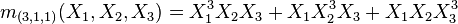 m_{(3,1,1)}(X_1,X_2,X_3)=X_1^3X_2X_3+X_1X_2^3X_3+X_1X_2X_3^3