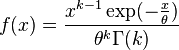 f(x) = \frac{x^{k - 1} \exp(-\frac{x}{\theta})}{\theta^k \Gamma(k)}