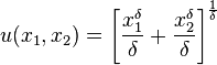 u(x_1,x_2) = \left[ \frac{x_1^{\delta}}{\delta} + \frac{x_2^{\delta}}{\delta} \right]^{\frac{1}{\delta}}