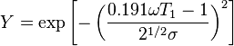 Y = \exp \left[-\left(\frac{0.191 \omega T_1 -1}{2^{1/2}\sigma}\right)^2\right]