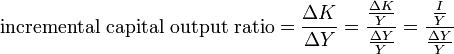 \text{incremental capital output ratio} = \frac{\Delta K}{\Delta Y} = \frac{\frac{\Delta K}{Y}}{\frac{\Delta Y}{Y}}= \frac{\frac{I}{Y}}{\frac{\Delta Y}{Y}}
