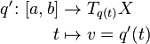 \begin{align}
q' \colon [a, b] & \to     T_{q(t)}X \\
               t & \mapsto v = q'(t)
\end{align}