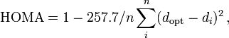  \mathrm{HOMA} =  1- 257.7/n\sum^n_i(d_{\rm opt} - d_i)^2 \,,