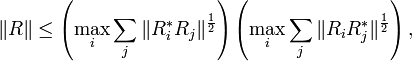 \displaystyle{\|R\|\le  \left(\max_i \sum_j \|R_i^*R_j\|^{1\over 2}\right)\left(\max_i \sum_j \|R_iR_j^*\|^{1\over 2}\right),}