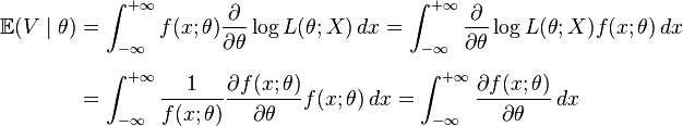 
\begin{align}
\mathbb{E}(V\mid\theta)
& =\int_{-\infty}^{+\infty}
f(x; \theta) \frac{\partial}{\partial\theta} \log L(\theta;X)
\,dx
=\int_{-\infty}^{+\infty}
 \frac{\partial}{\partial\theta} \log L(\theta;X) f(x; \theta) \, dx \\[6pt]
& = \int_{-\infty}^{+\infty}
\frac{1}{f(x; \theta)}\frac{\partial f(x; \theta)}{\partial \theta}f(x; \theta)\, dx
=\int_{-\infty}^{+\infty} \frac{\partial f(x; \theta)}{\partial \theta} \, dx
\end{align}
