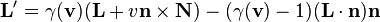 \mathbf{L}'=\gamma(\mathbf{v})(\mathbf{L}+v\mathbf{n}\times\mathbf{N})-(\gamma(\mathbf{v})-1)(\mathbf{L}\cdot\mathbf{n})\mathbf{n}