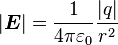 |\boldsymbol{E}|={1\over4\pi\varepsilon_0}{|q|\over r^2}