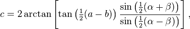 c =  2\arctan \left[ \tan\left(\tfrac12(a-b)\right) \frac{\sin\left(\tfrac12(\alpha+\beta)\right)}{\sin\left(\frac12(\alpha-\beta)\right)}\right],