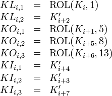 
\begin{array}{lcl}
KL_{i,1} & = & {\rm ROL}(K_i,1) \\
KL_{i,2} & = & K'_{i+2} \\
KO_{i,1} & = & {\rm ROL}(K_{i+1},5) \\
KO_{i,2} & = & {\rm ROL}(K_{i+5},8) \\
KO_{i,3} & = & {\rm ROL}(K_{i+6},13) \\
KI_{i,1} & = & K'_{i+4} \\
KI_{i,2} & = & K'_{i+3} \\
KI_{i,3} & = & K'_{i+7}
\end{array}
