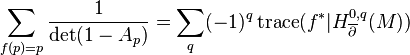  \sum_{f(p)=p}\frac{1}{\det (1-A_p)} = \sum_q(-1)^q\operatorname{trace}(f^*|H^{0,q}_{\overline\partial}(M))