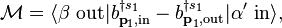 \mathcal{M} = \langle\beta\ \mathrm{out}|b^{\dagger s_1}_{\textbf{p}_1,\mathrm{in}}-b^{\dagger s_1}_{\textbf{p}_1,\mathrm{out}}|\alpha'\ \mathrm{in}\rangle,