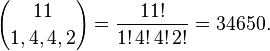 {11 \choose 1, 4, 4, 2} = \frac{11!}{1!\, 4!\, 4!\, 2!} = 34650.