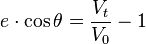 e \cdot \cos \theta = \frac{V_t} {V_0} - 1