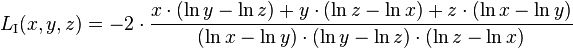 L_{\mathrm{I}}(x,y,z) = -2\cdot\frac{x\cdot(\ln y-\ln z) + y\cdot(\ln z-\ln x) + z\cdot(\ln x-\ln y)}{(\ln x-\ln y)\cdot(\ln y-\ln z)\cdot(\ln z-\ln x)}