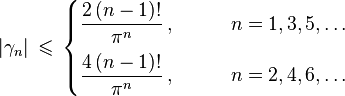 |\gamma _{n}|\,\leqslant \,{\begin{cases}\displaystyle {\frac {2\,(n-1)!}{\pi ^{n}}}\,,\qquad &n=1,3,5,\ldots \\[3mm]\displaystyle {\frac {4\,(n-1)!}{\pi ^{n}}}\,,\qquad &n=2,4,6,\ldots \end{cases}}