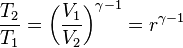 \frac{T_2}{T_1} ={\left(\frac{V_1}{V_2}\right)^{\gamma-1}} = r^{\gamma-1}