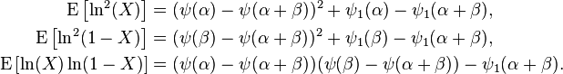 \begin{align}
\operatorname{E} \left [\ln^2(X) \right ] &= (\psi(\alpha) - \psi(\alpha + \beta))^2+\psi_1(\alpha)-\psi_1(\alpha+\beta), \\
\operatorname{E} \left [\ln^2(1-X) \right ] &= (\psi(\beta) - \psi(\alpha + \beta))^2+\psi_1(\beta)-\psi_1(\alpha+\beta), \\
\operatorname{E} \left [\ln (X)\ln(1-X) \right ] &=(\psi(\alpha) - \psi(\alpha + \beta))(\psi(\beta) - \psi(\alpha + \beta)) -\psi_1(\alpha+\beta).
\end{align}