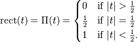 \mathrm{rect}(t) = \Pi(t) = \begin{cases}
0 & \mbox{if } |t| > \frac{1}{2} \\
\frac{1}{2} & \mbox{if } |t| = \frac{1}{2} \\
1 & \mbox{if } |t| < \frac{1}{2}. \\
\end{cases}