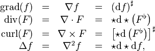 
\begin{array}{rcccl}
      \operatorname{grad}(f) &=& \nabla f        &=& \left( \mathrm{d} f \right)^\sharp \\
      \operatorname{div}(F)  &=& \nabla \cdot F  &=& \star \mathrm{d} \star \left( F^\flat \right) \\
      \operatorname{curl}(F) &=& \nabla \times F &=& \left[ \star \mathrm{d} \left( F^\flat \right) \right]^\sharp \\
      \Delta f               &=& \nabla^2 f      &=& \star \mathrm{d} \star \mathrm{d} f , \\
\end{array}
