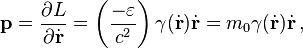 \mathbf{p} = \frac{\partial L}{\partial \dot{\mathbf{r}}} = \left(\frac{- \varepsilon}{c^2}\right)\gamma(\dot{\mathbf{r}})\dot{\mathbf{r}} = m_0 \gamma(\dot{\mathbf{r}})\dot{\mathbf{r}} \,,