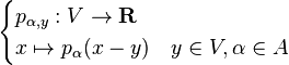 \begin{cases}p_{\alpha,y}:V\to\mathbf{R} \\ x\mapsto p_\alpha(x-y) & y\in V, \alpha\in A\end{cases}