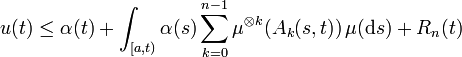 u(t) \le \alpha(t) + \int_{[a,t)} \alpha(s) \sum_{k=0}^{n-1} \mu^{\otimes k}(A_k(s,t))\,\mu(\mathrm{d}s) + R_n(t)