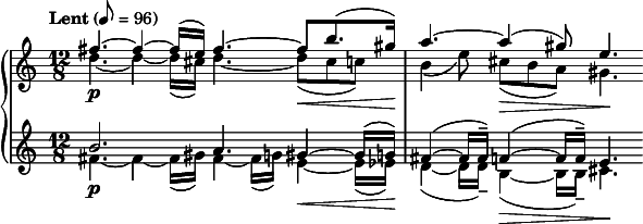 
{  \new PianoStaff <<
    \new Staff  \relative c'' { \clef treble \time 12/8 \key c \major \tempo "Lent" 8 = 96 << { fis4.~\p fis4~ fis16( e) fis4.~ fis8\< b8.( gis16\!) | a4.~ a4(\> gis8) e4.\! } \\ { d4.~ d4~ d16( cis) d4.~ d8( cis c) | b4( e8) cis( b a) gis4. } >> }
    \new Staff \relative c'' { \clef treble \time 12/8 \key c \major << { b2.\p a4. gis4~\< gis16( g\!) | fis4~( fis16 fis--) f4~(\> f16 f--) e4.\! } \\ { fis4.~ fis4~ fis16( gis) fis4~ fis16( g) e4~ e16( ees) | d4~( d16 d--) b4~( b16 b--) cis4. } >> } >> }
