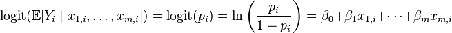 \operatorname{logit}(\mathbb{E}[Y_i\mid x_{1,i},\ldots,x_{m,i}]) = \operatorname{logit}(p_i)=\ln\left(\frac{p_i}{1-p_i}\right) = \beta_0 + \beta_1 x_{1,i} + \cdots + \beta_m x_{m,i}