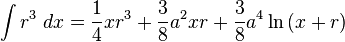 \int r^{3}\;dx={\frac {1}{4}}xr^{3}+{\frac {3}{8}}a^{2}xr+{\frac {3}{8}}a^{4}\ln \left(x+r\right)