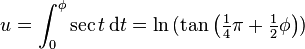 u = \int_0^\phi \sec t \,\mathrm{d}t = \ln\,(\tan\left(\tfrac14\pi+\tfrac12\phi\right))