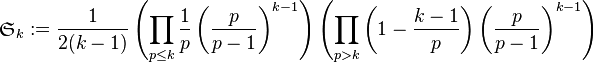 \mathfrak{S}_k := \frac1{2(k - 1)}\left(\prod_{p \leq k}\frac{1}p\left(\frac{p}{p - 1}\right)^{k - 1}\right)\left(\prod_{p > k}\left(1 - \frac{k - 1}p\right)\left(\frac{p}{p - 1}\right)^{k - 1}\right)