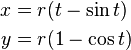 
\begin{align}
  x &= r(t - \sin t) \\
  y &= r(1 - \cos t)
\end{align}
