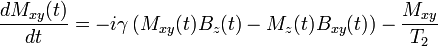 \frac {d M_{xy}(t)} {d t} = -i \gamma \left ( M_{xy} (t) B_z (t) - M_z (t) B_{xy} (t) \right ) -
\frac {M_{xy}} {T_2} 