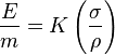 \frac{E}{m} = K\left(\frac{\sigma}{\rho}\right)