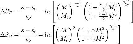 \begin{align}
\Delta S_F &= \frac{s - s_i}{c_p} = ln\left[\left(\frac{M}{M_i}\right)^\frac{\gamma - 1}{\gamma}\left(\frac{1 + \frac{\gamma - 1}{2}M_i^2}{1 + \frac{\gamma - 1}{2}M^2}\right)^\frac{\gamma + 1}{2\gamma}\right] \\
\Delta S_R &= \frac{s - s_i}{c_p} = ln\left[\left(\frac{M}{M_i}\right)^2\left(\frac{1 + \gamma M_i^2}{1 + \gamma M^2}\right)^\frac{\gamma + 1}{\gamma}\right]
\end{align} 