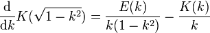 \frac {\mathrm{d}} {\mathrm{d}k} K(\sqrt{1-k^2}) = \frac{E(k)}{k(1-k^2)}-\frac{K(k)}{k}